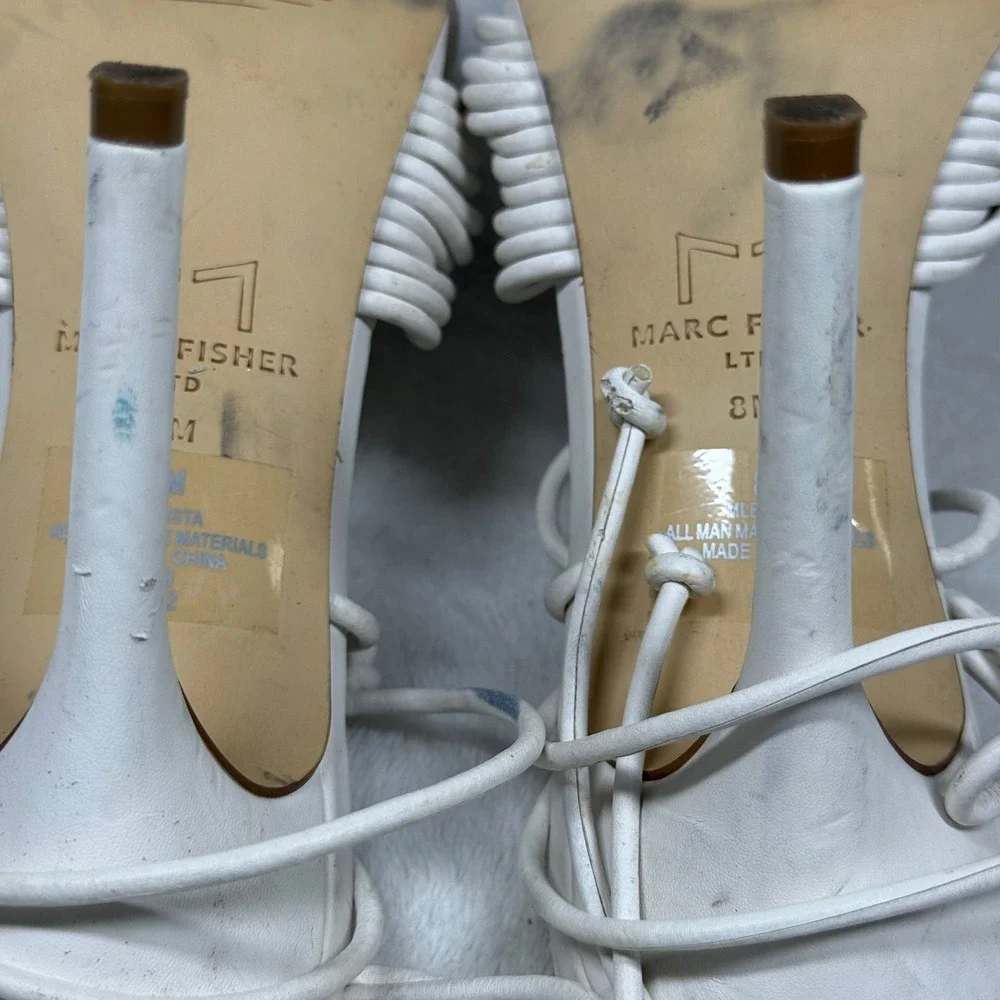 Marc Fisher LTD White‎ Leather Lace Up Strappy Stiletto Heels Knotted Sandals 8